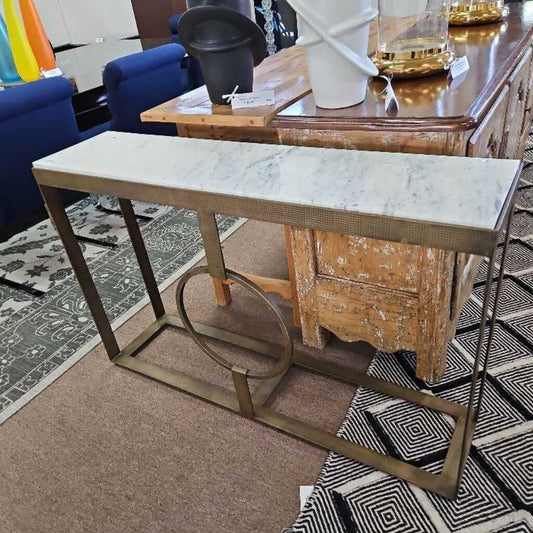 Marble Top Console Tbl., Wht. Marble, Hand-Hammered Gold-Finish Iron Frame, Circular Support in Center 48 x 12 x 31