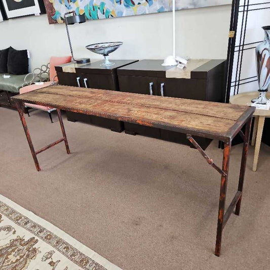 Farmhouse Weathered Wood, Rusted Metal Work Table 72 x 18 x 30.5"H