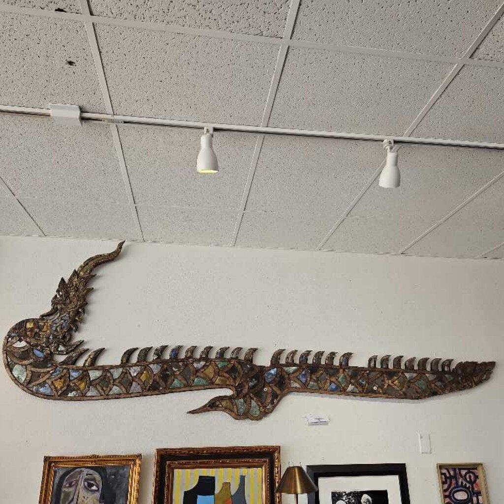 Antique Thai Naga Serpent Carved Wood Sculpture, Adorned w/Colorful Glass Mosaic Tiles, Wall Mount 10'2" x 3'4"
