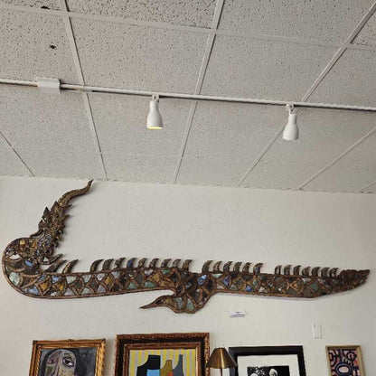 Antique Thai Naga Serpent Carved Wood Sculpture, Adorned w/Colorful Glass Mosaic Tiles, Wall Mount 10'2" x 3'4"
