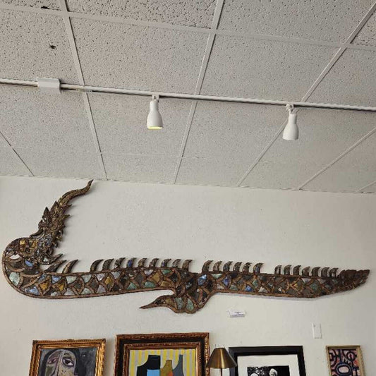 Antique Thai Naga Serpent Carved Wood Sculpture, Adorned w/Colorful Glass Mosaic Tiles, Wall Mount 10'2" x 3'4"