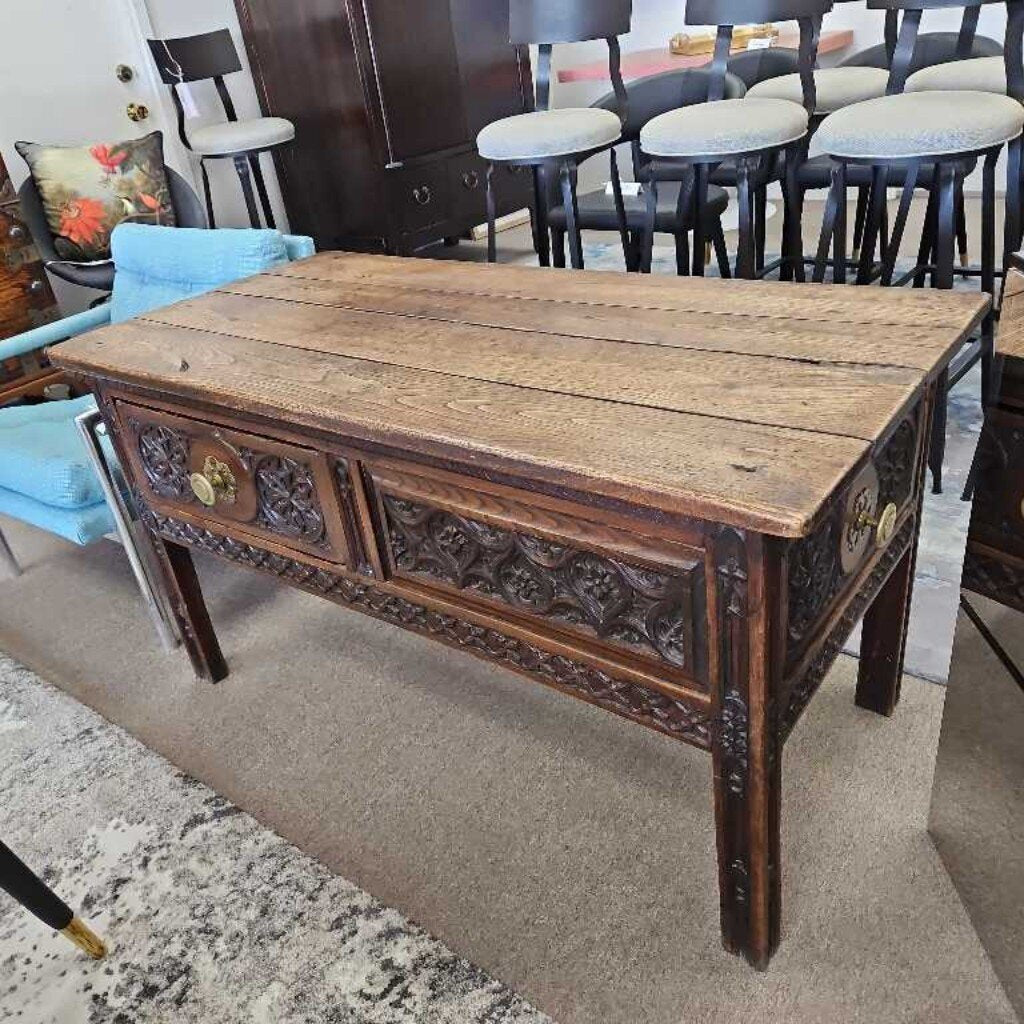 18th Cent.Spanish Hand-Carved Oak, Writing Desk/Console,Dovetail Joinery 2-Drawers Opposite Sides,Brass Dwer Pulls 51.25 x 25.25 x 27.5H