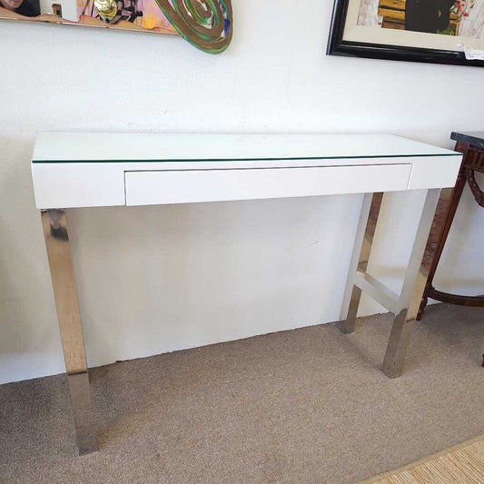White & Chrome Console Desk w/Drawer 47.25 x 13.75 x 33.5