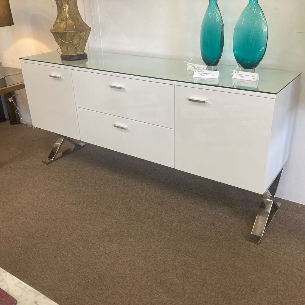 Sideboard High Gloss White Lacquer, Chrome Steel Handles & Base 69 x 18 x 32.5
