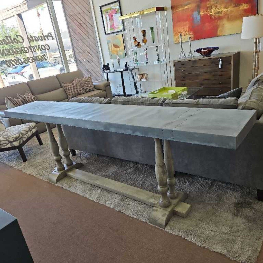 Industrial Zinc w/Weathered Gray Elm Turned Wood Legs Console 108W 18.25D 35.25H
