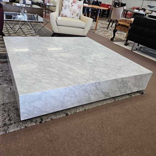 Cantoni Monolith Rectangle Cocktail Table, White Carrara Marble, Floating Recessed Base, Wheels 59Sq 11.5H