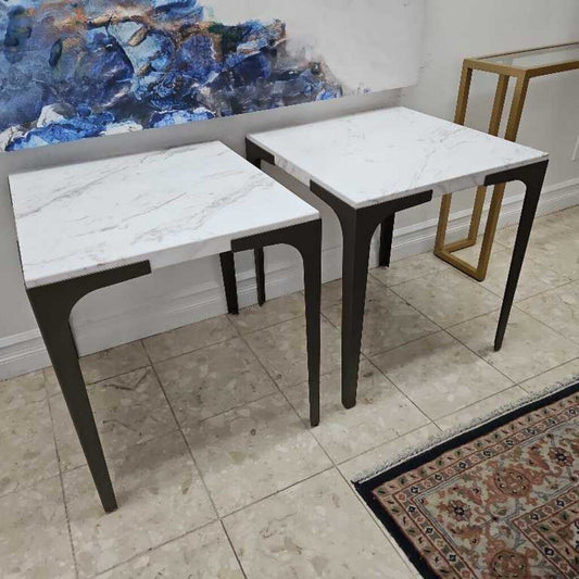 Magnussen Mercer End Tables, White Marble Top, Forged Iron Legs 22 x 24 x 24.5H - PAIR