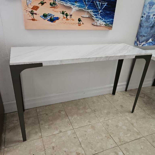Magnussen Mercer Console, White Marble Top, Forged Iron Legs 48 x 16 x 28.25H
