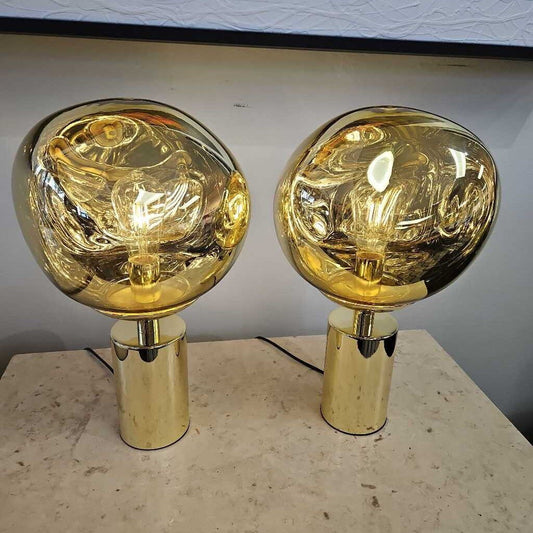 Tom Dixon Melt Table Lamps, Gold Top, Gold Cylindrical Base 18"H (PAIR)