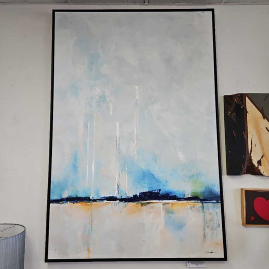 "Original Acrylic on Canvas, Hues of Blue Yellow and White Framed in Black, Signed Janesko 49.5w 73.5h