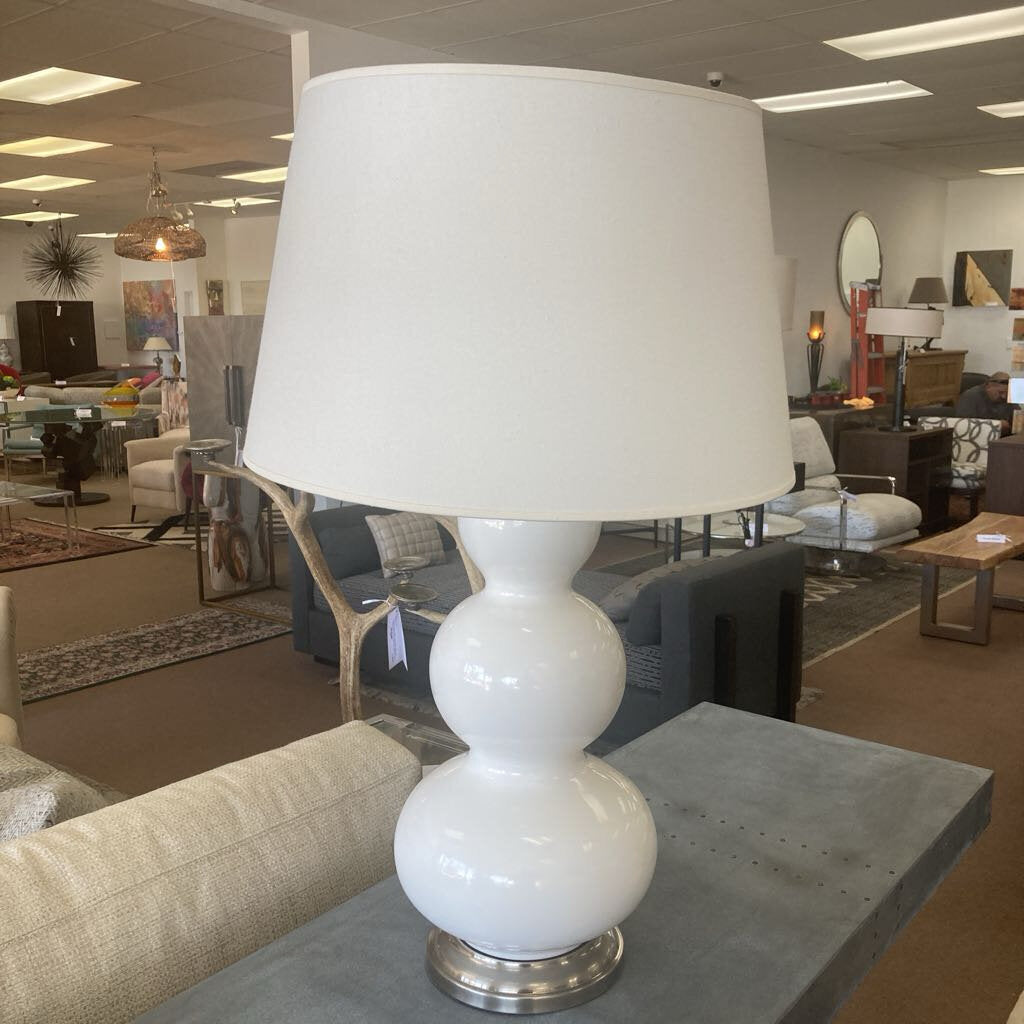 Robert Abbey White Stacked Porcelain Ball Table Lamps, White Shades 33H - PAIR