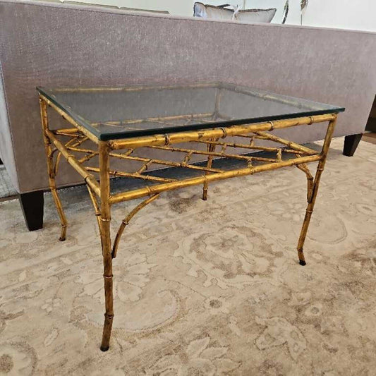 Vintage Hollywood Regency Side Table, Gold Gilt Faux Bamboo Metal/Glass Top 28W 22D 21.5H