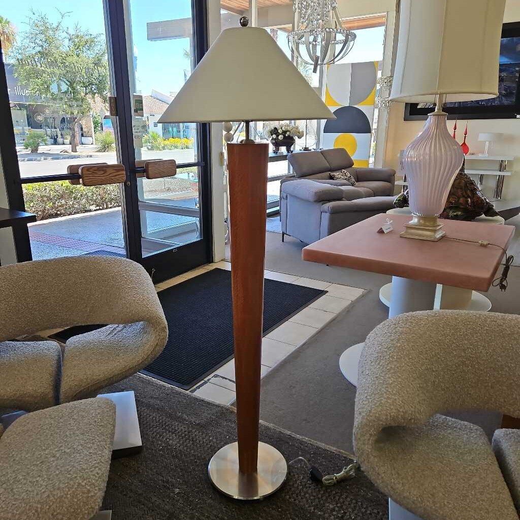 Mid-Century Tapered Wood Floor Lamp, Metal Base, White Conical Shade 62.5H
