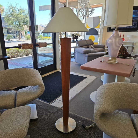 Mid-Century Tapered Wood Floor Lamp, Metal Base, White Conical Shade 62.5H