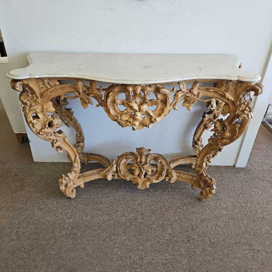 Antique Rococo- Style Console, Intricate Hand-Carved Details, Scrolling Acanthus Leaves 54W 22.25D 37.5H