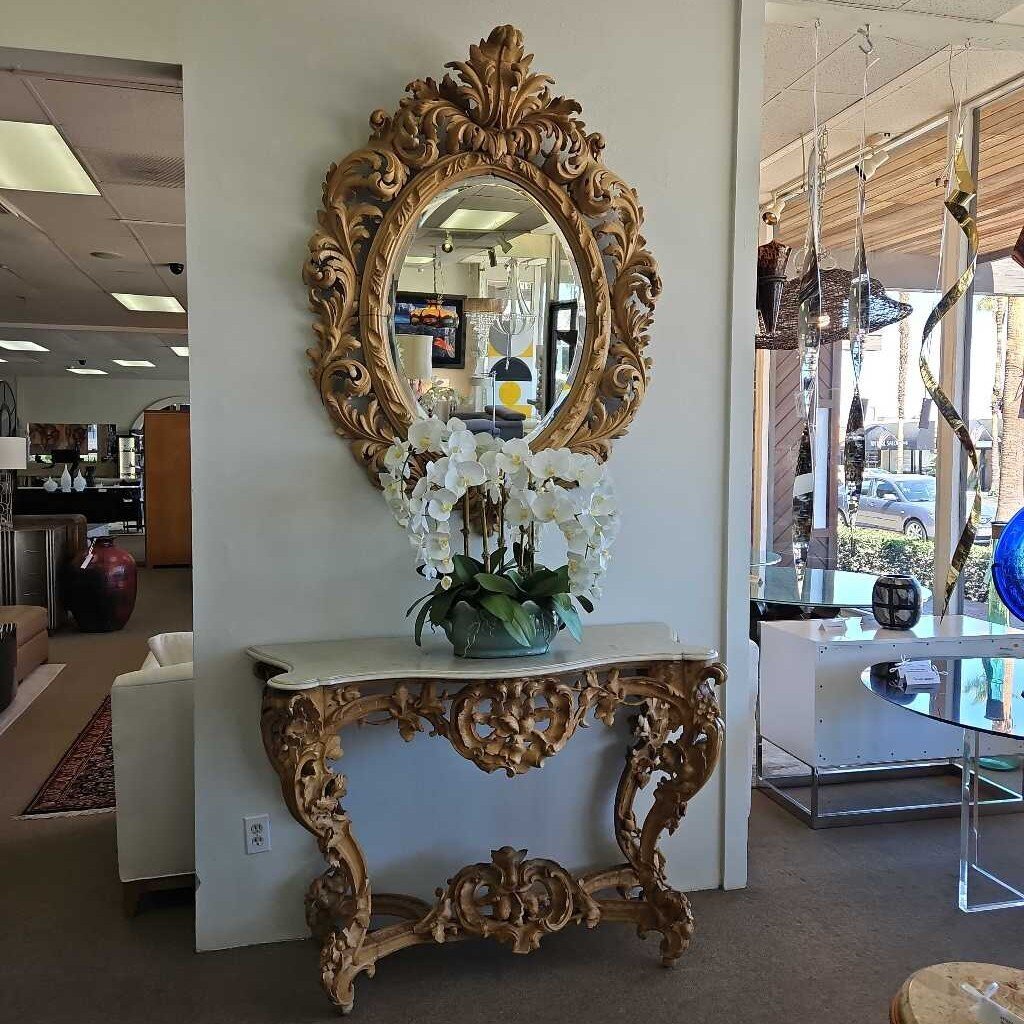 Antique Rococo- Style Console, Intricate Hand-Carved Details, Scrolling Acanthus Leaves 54W 22.25D 37.5H