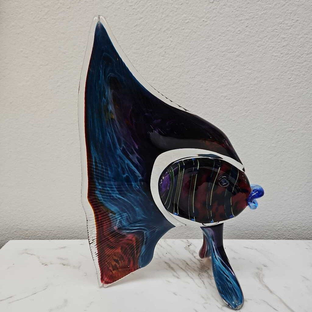 Murano-Style Glass Angelfish, Vibrant Blue, Red 14"H
