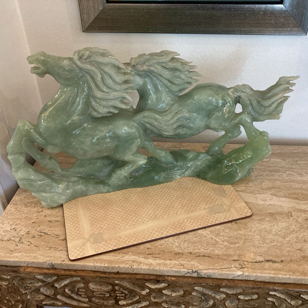 Chinese Green Jadeite or Serpentine Carved Horses, Wooden Base 24W 5D 13.5H