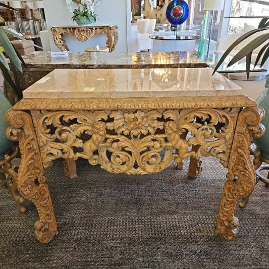 Italian Baroque Hand Carved Side Table, Floral Motifs, Polished Stone 44W 27D 33.5H