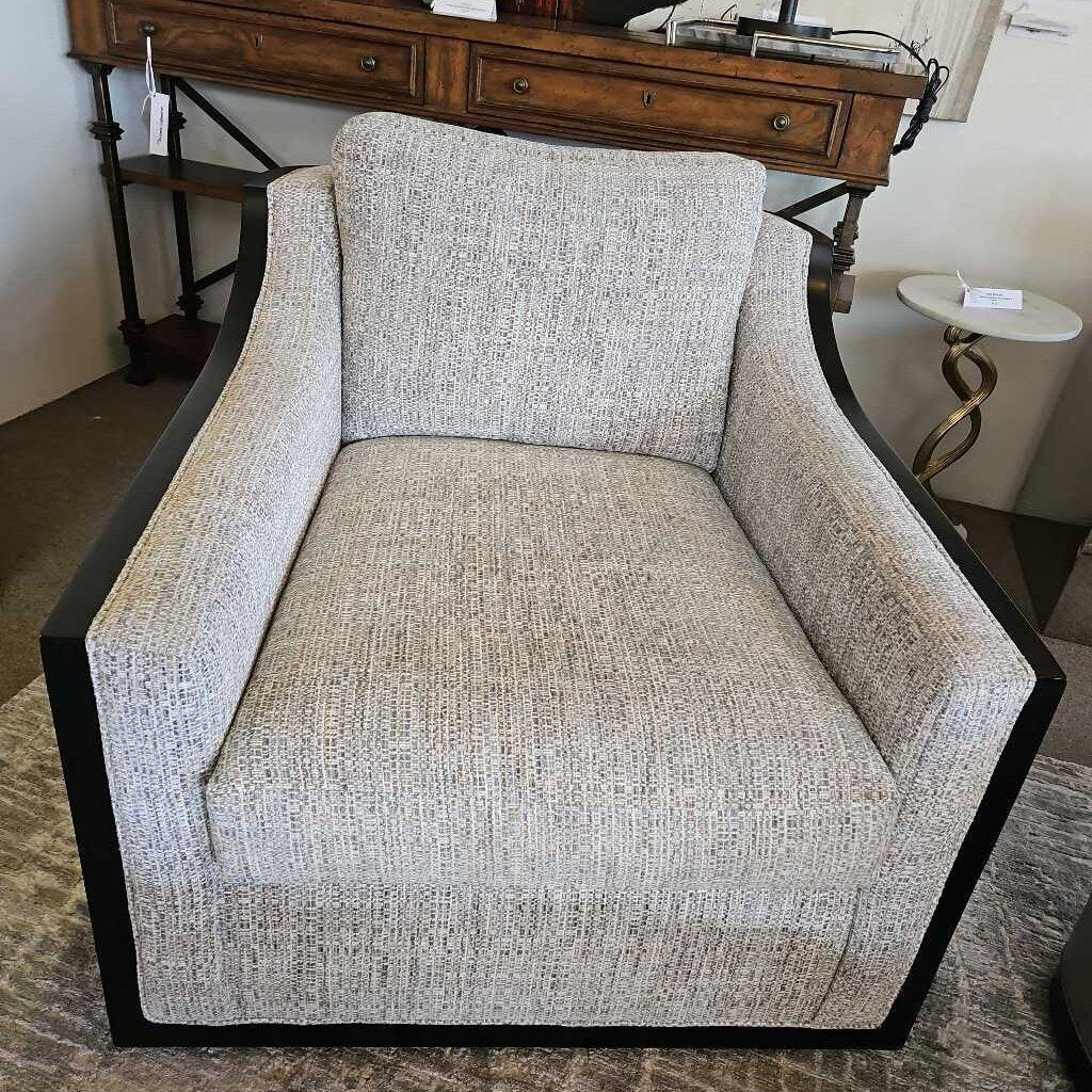Century Furniture Custom Swivel Chairs, Grey Leather, Black Wood Frame w/Light Grey Upholstery 35W 43D 31H
