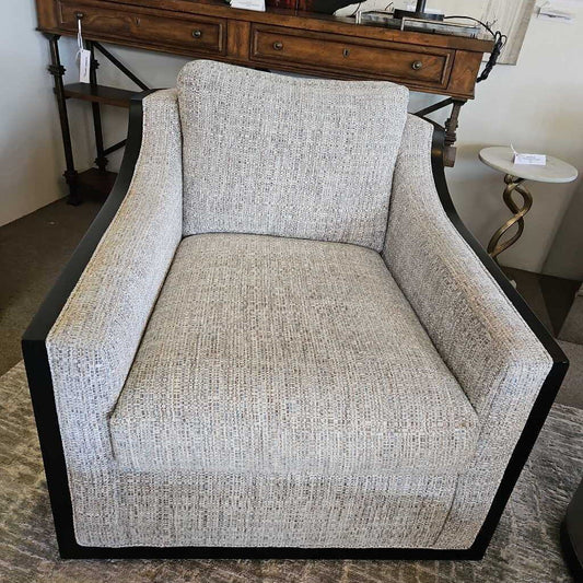 Century Furniture Custom Swivel Chairs, Grey Leather, Black Wood Frame w/Light Grey Upholstery 35W 43D 31H