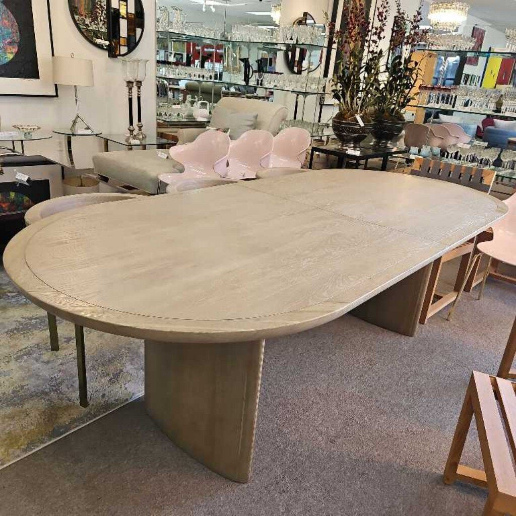 Oval Light Wood Shaped Dining Table w/Extension, Twin Pedestal Base 96W 42D 30H