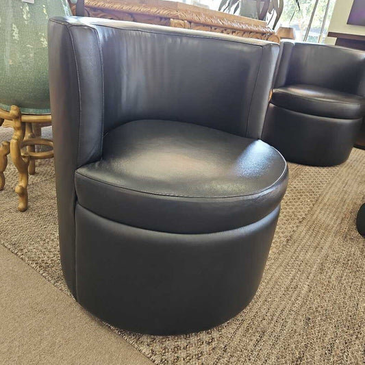 Swivel Barrel Chairs Upholstered in Sleek Black Leather 26W 28D 30H - SET OF 4