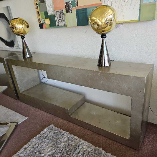 Fiber-Reinforced Concrete Console, Natural Matte Grey, Asymmetrical Layered Block Step Design 84W 18D 33H