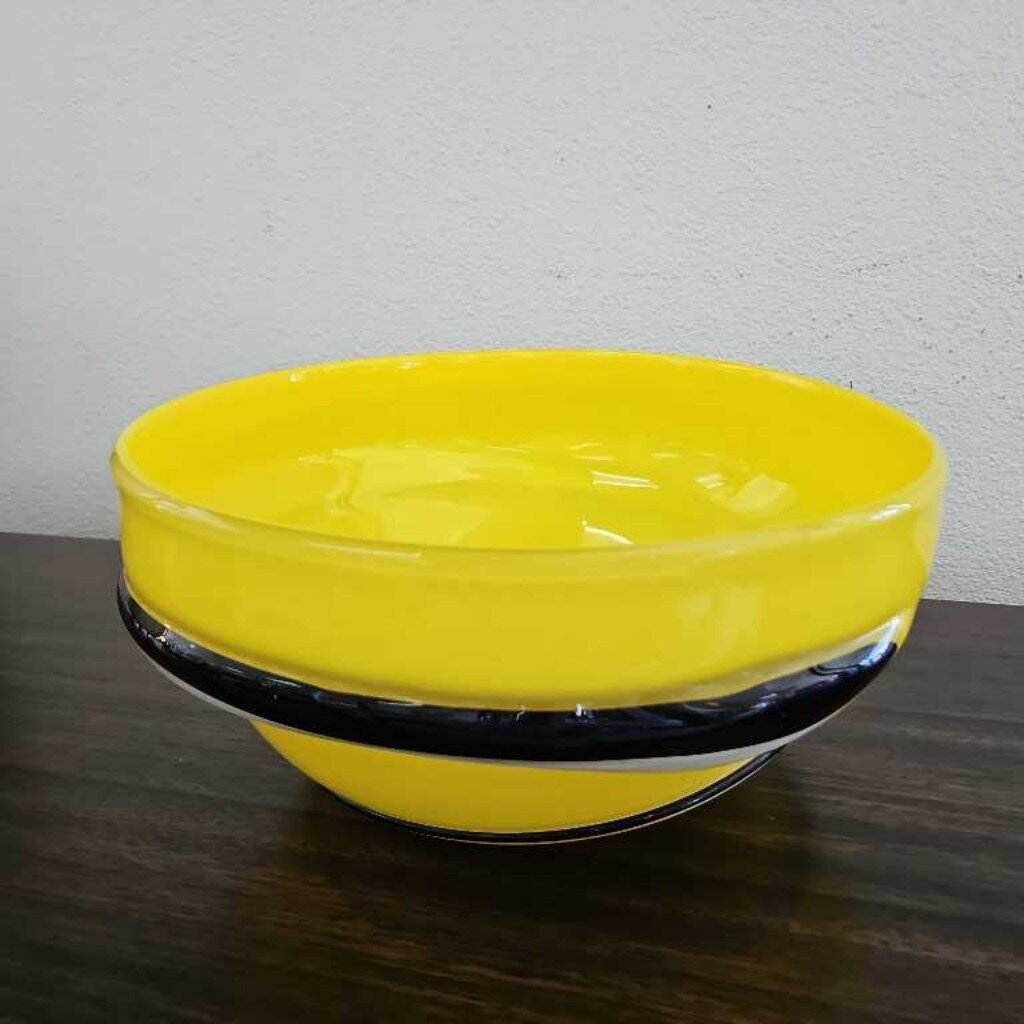 Fulvio Bianconi Art Glass Bowl, Murano Vibrant Yellow w/Black/White Band