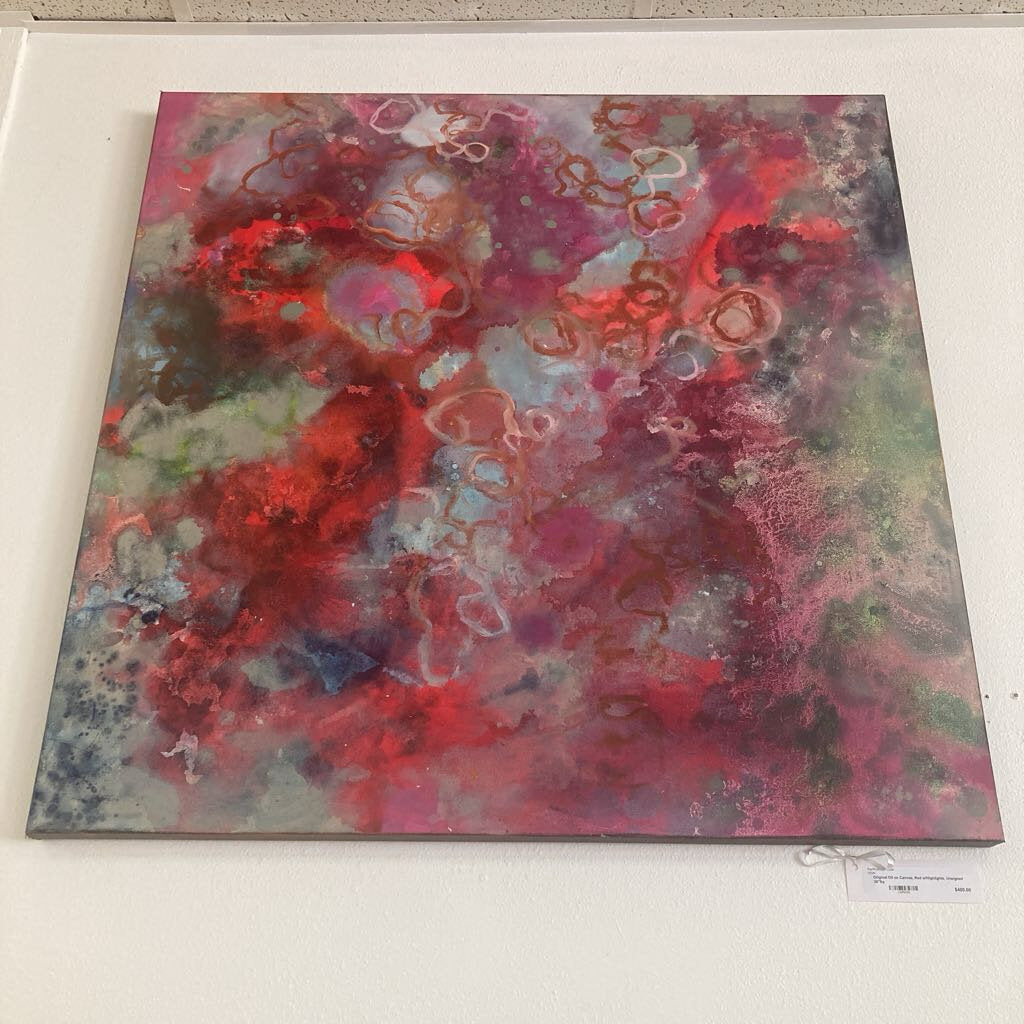 Original Oil on Canvas, Red w/Highlights, Unsigned 36"Sq
