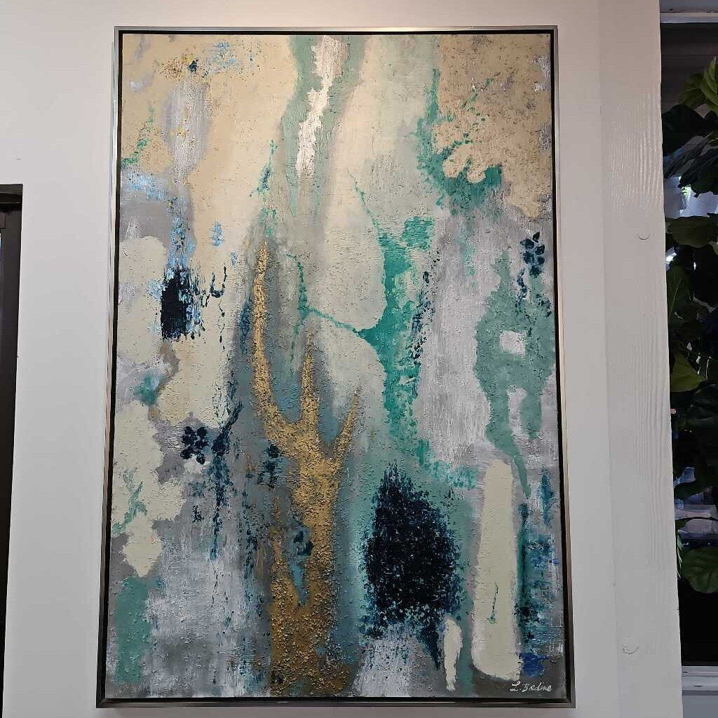 "Blue View I" Abstract on Canvas Painting by L. Bodine, Featuring Teal, Gold Leaf, Silver Leaf, Metallic Frame 41.5 x 61.5