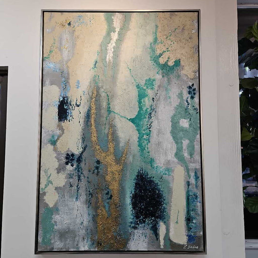 "Blue View I" Abstract on Canvas Painting by L. Bodine, Featuring Teal, Gold Leaf, Silver Leaf, Metallic Frame 41.5 x 61.5