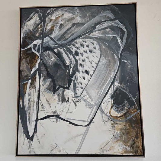 Textured Gold & Brwon Abstract on Canvas, Stylized Dark Ink Signature 41.5 x 51.5