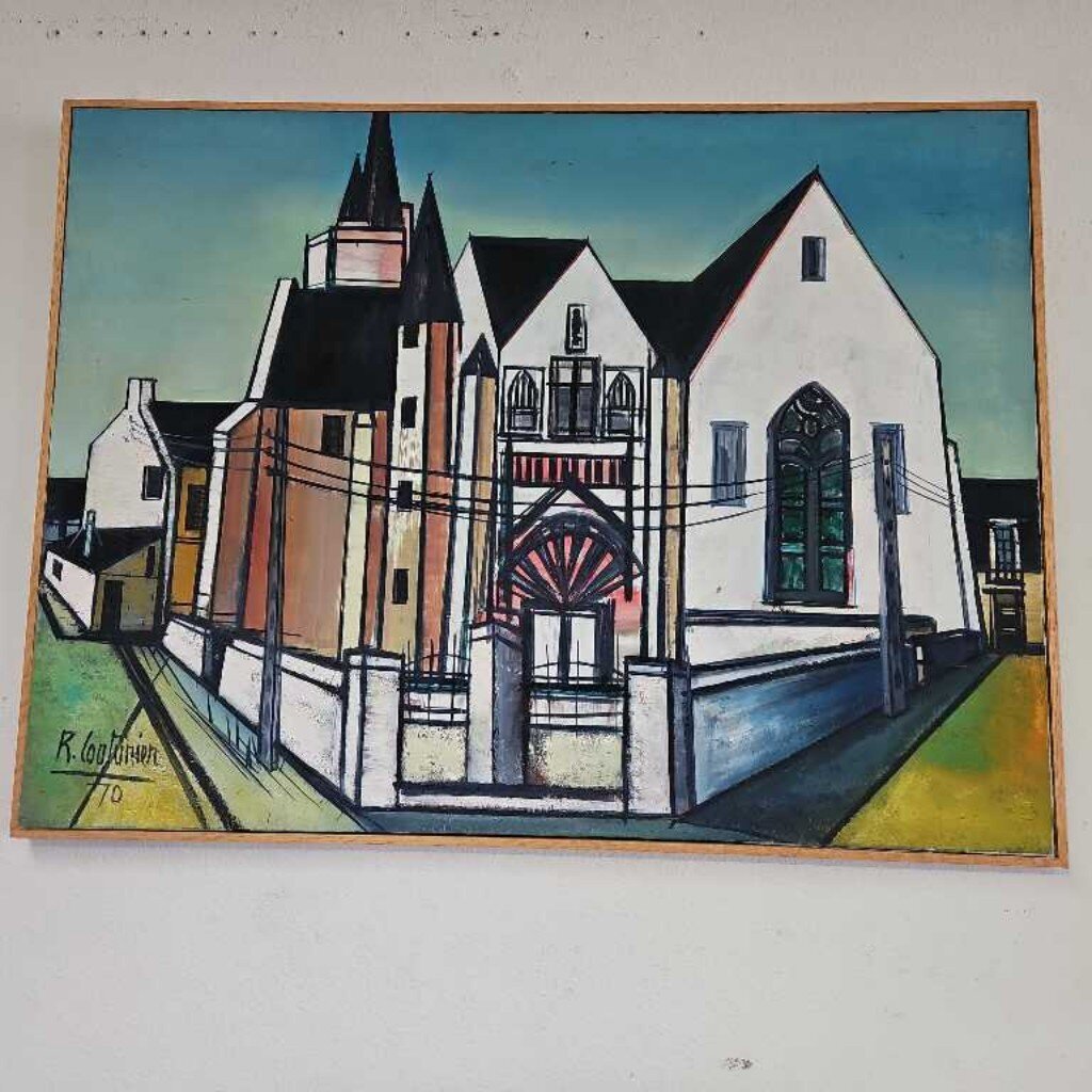 Original Oil on Canvas Painting, Stylized Architectural Cityscape, Signed R. Couturier 1970 40.75 x 30.75