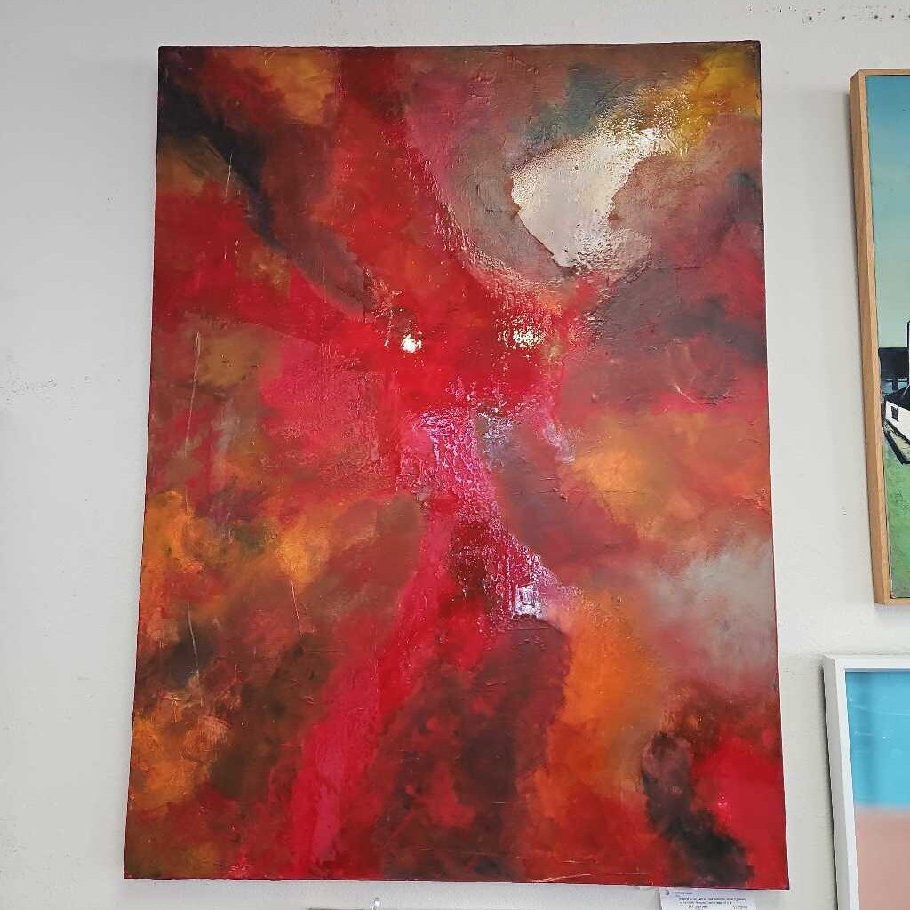 Original Oil on Canvas "Red" Abstract, Artist Signature on Vertically Wrapped Canvas Edge 36 x 48