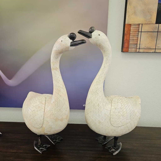 Vintage Folk Art Swan Sculpture, Carved Wood Head & Neck, Mosaic Tiled Body, Dark Metal Feet 17W 8D 26.5H - PAIR
