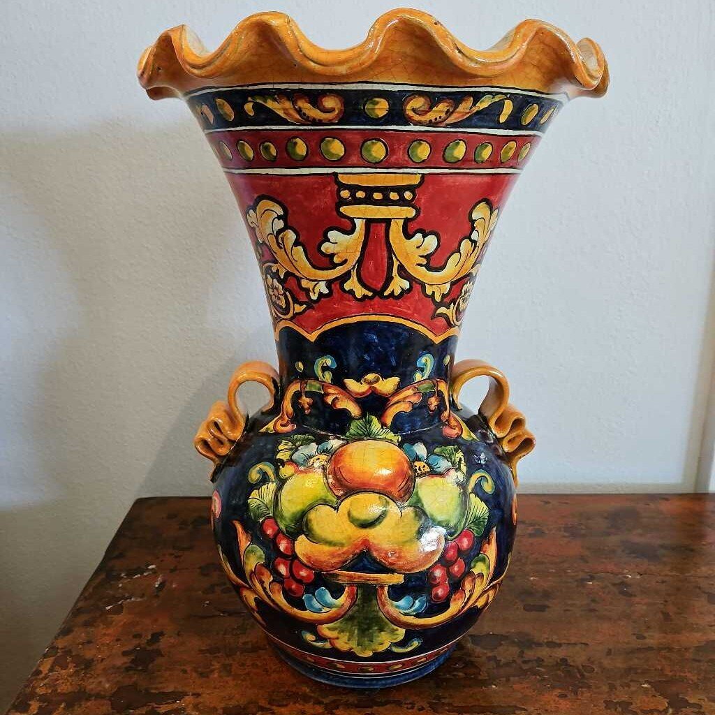 Mexican Talavera-Style Ceramic Vase, Hand Painted, Scalloped Rim 13.5 x 19.5