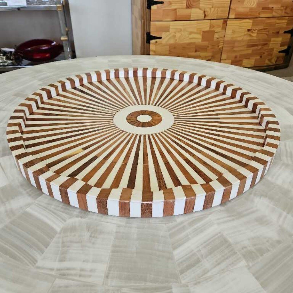 Inlay Tray Handcrafted Radial Sunburst Design Made of Wood and White Resin 24Dia