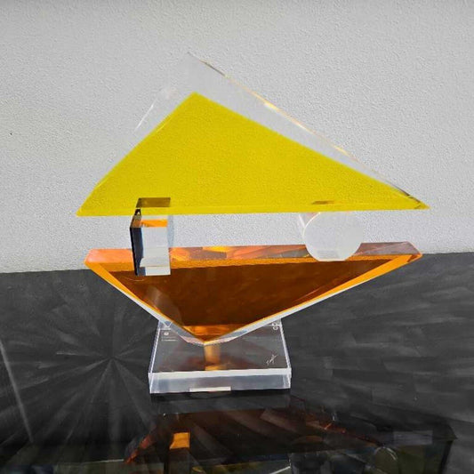 "Mirrored Image" Yellow & Orange Lucite Sculpture 15.5" x 15"H