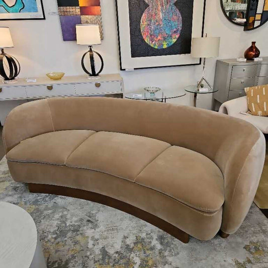 CB2 Muir Camel Velvet Curved Sofa, Arched Silhouette, Bent Wood Legs 91 x 39 x 27.5