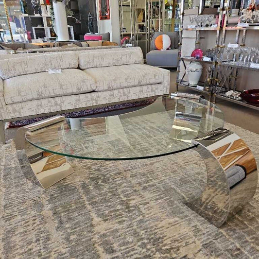 In The Style of Karl Springer, Chrome & Glass Coffee Table 64" x 31.5" x 17"