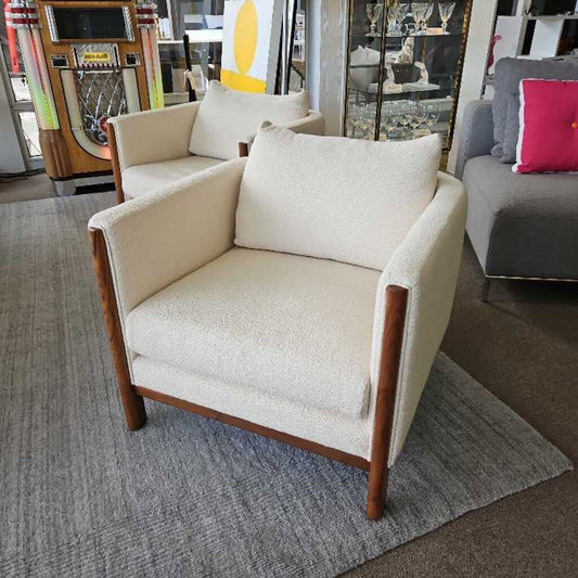 Design Within Reach Emmy Armchairs, White Boucle Fabric, Wood Frame (PAIR) 32 x 34 x 25.5