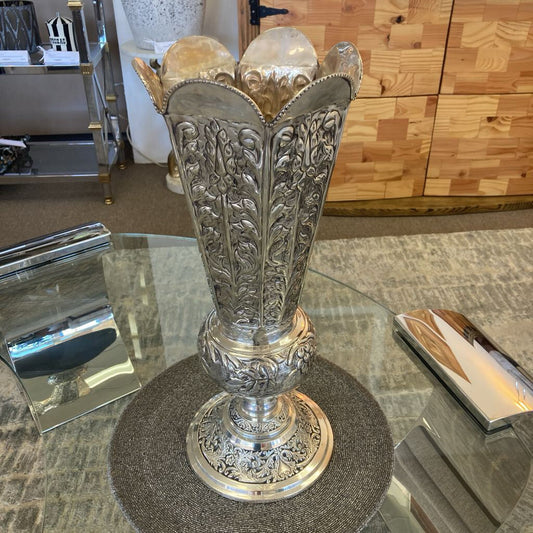 Vintage Indian Trumpet Vase, Silver-Plate, Hand Hammered Repousse Work, Scalloped Decorative Base 8Dia 20H
