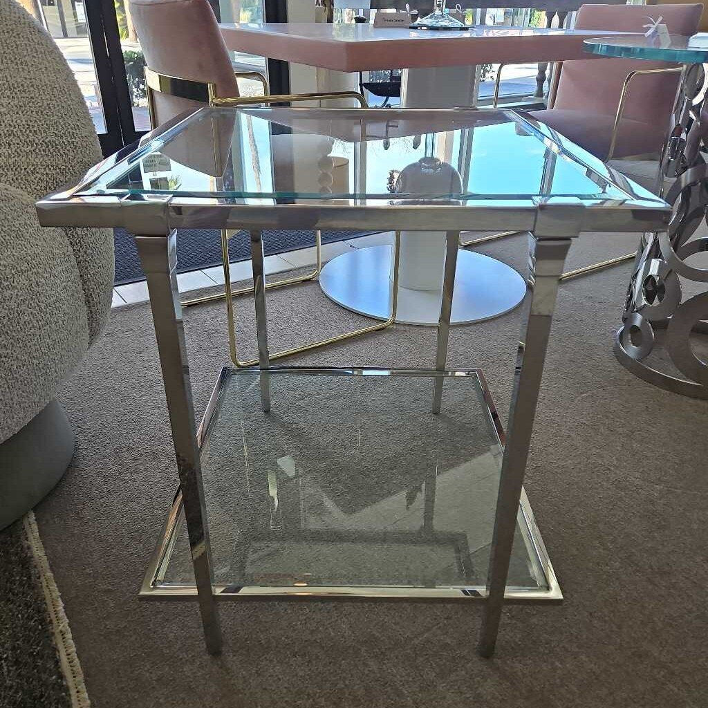 Silver Stainless Steel & Glass Two-Tier Side Table 26.25W 24D 26.5H