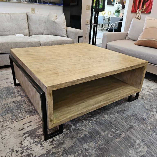 Uttermost Kailor Modern Coffee Table, Light Wood. Black Frame 44W 42D 18.5H