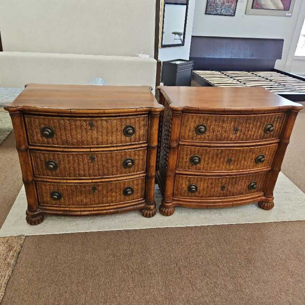Tommy Bahama Lexington Faux Bamboo Chests, Palm Tree Hardware, Woven Rattan Fronts 30W 20D 31H - PAIR