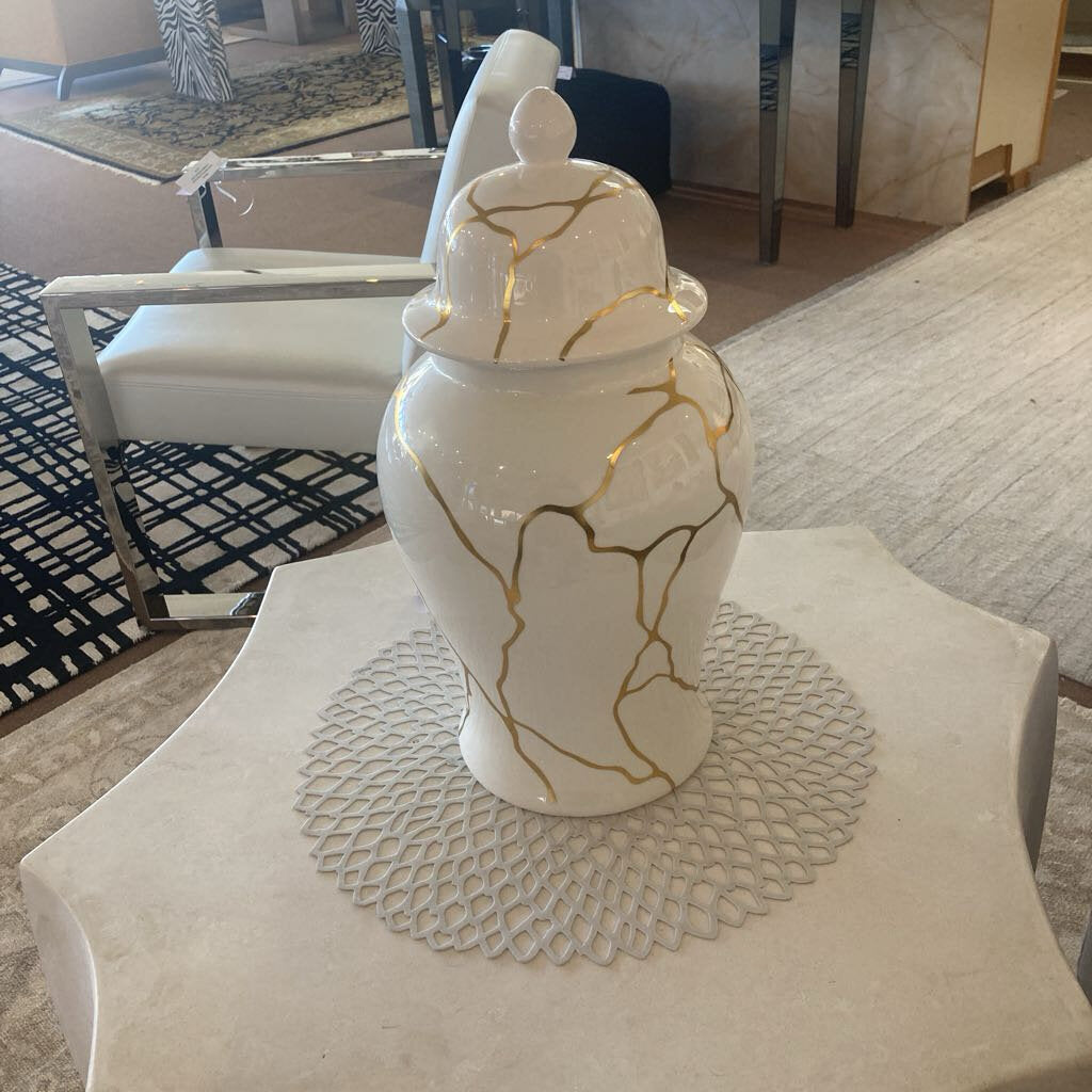 White Ceramic Ginger Jar, Gold Kintsugi-Style Cracked Design 16.75H