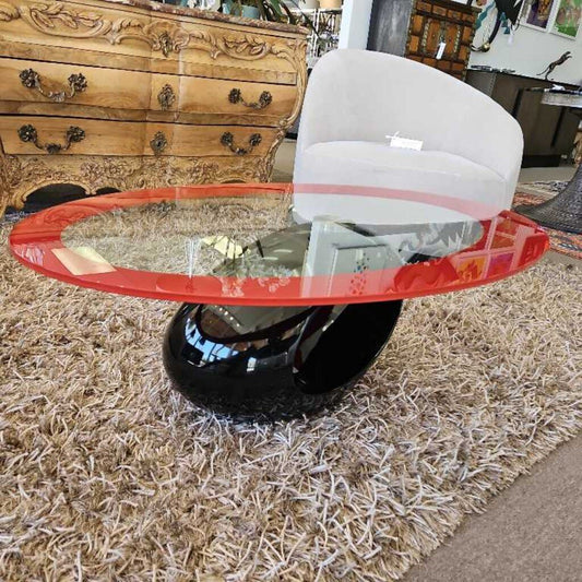 Clear Oval Glass, Red Border Coffee Table, Sculpted Hi Gloss Black Base 47.25W 27.5D 13H
