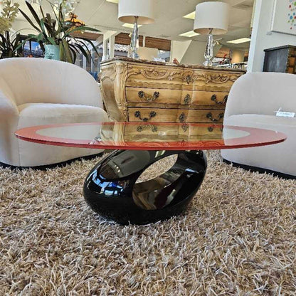 Clear Oval Glass, Red Border Coffee Table, Sculpted Hi Gloss Black Base 47.25W 27.5D 13H