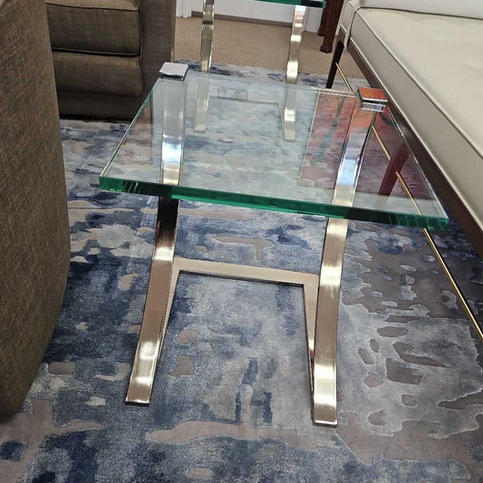 Side Table, Sleek "Z" Frame Polished Nickel, Cantilever Glass Top 16Sq 20H